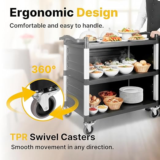 NorthSky Select Dual-Handle Utility Service Cart, 3 Shelves, 440 lb. Capacity -Black Plastic Shelves, Lockable Swivel Casters - Suitable for Hospital, Lab, Hotel, Office Transport & Organizing