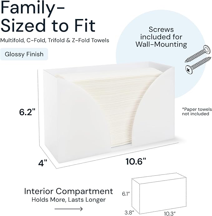 Paper Towel Dispenser Countertop - White Acrylic Bathroom Guest Towel Holder & Napkin Organizer - Fits C-Fold, Z-Fold & Multifold Hand Towels - 10.75" x 6.5" x 4"