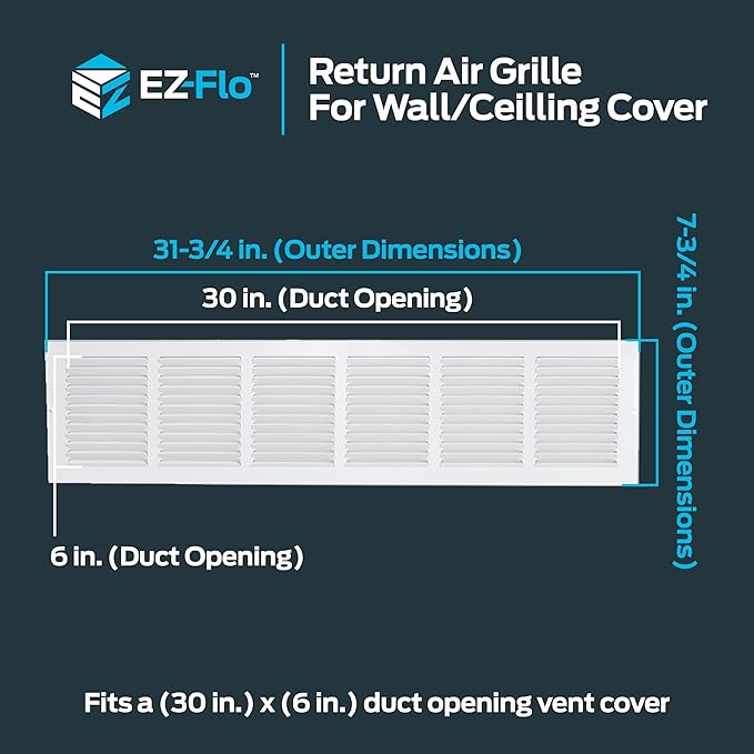 EZ-FLO 30 x 6 Inch (Duct Opening) White Return Air Vent Cover for Wall or Ceiling, 31-3/4 Inch x 7-3/4 Inch (Overall Dimensions), Solid Steel Return Air Grille, HVAC Air Return, 61630 (Pack of 4)
