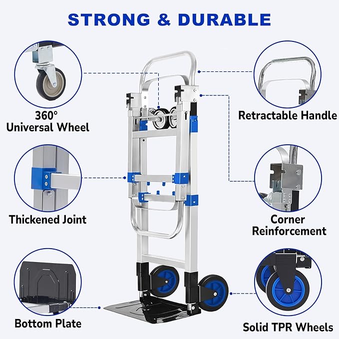 Upgraded 3 in 1 Aluminum Folding Hand Truck, 600lbs Capacity, Heavy Duty Convertible Dolly with Retractable Handle and 4 Rubber Wheels, Collapsible Cart for Moving Home, Office, Warehouse (Blue)