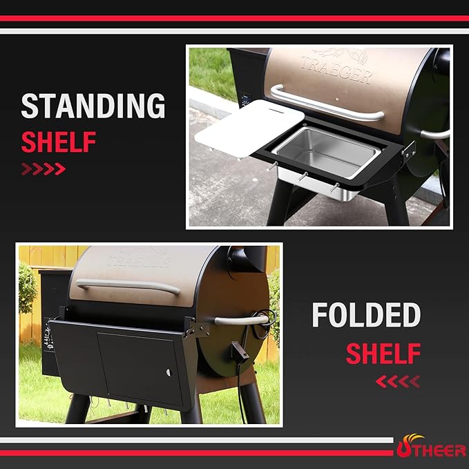 Upgraded Folding Front Shelf Accessories for Traeger Pro 22, Pro 575, Ironwood 650, BAC362, All-in-One Grill Table with Works Cutting Board,Basin,5 Hooks, Steel Grill Accessory for Food Prep & Storage