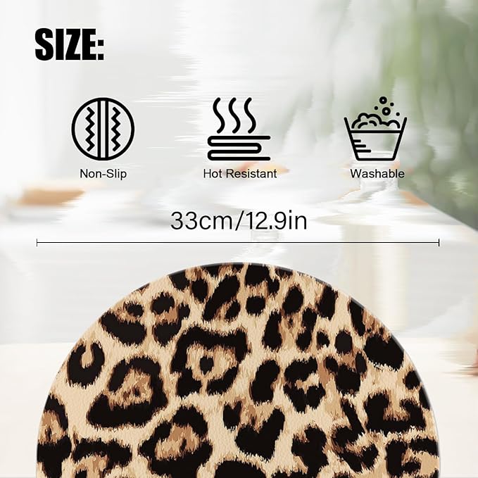 Faux Leather Placemats Set of 4,Golden Brown Bionic Leopard Print Ding Table Round Placemat Heat-Resistant Waterproof Non-Slip Place Mats Kitchen Living Room Decoration,13inch