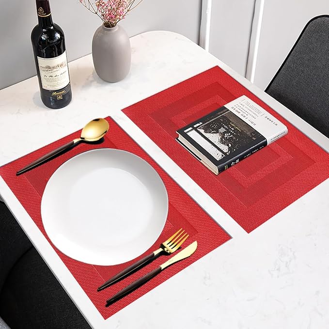 PIGCHCY Placemats,Washable Vinyl Woven Table Mats,Elegant Durable Placemats for Dining Table Set of 6 (18 x 12 inches,Passionate Red)