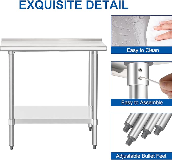 HARDURA Stainless Steel Commercial Work Table Prep Work Metal Table 14×30 Inches with Undershelf and 2" Backsplash Heavy Duty NSF 430 for Kitchen Food Prep
