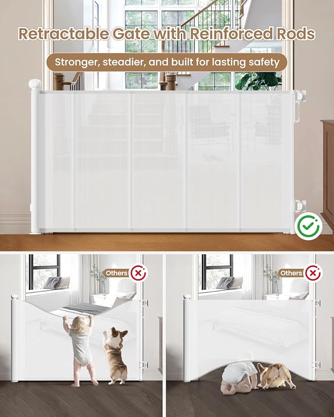 Upgraded Retractable Baby Gate - 71" Wide 34" Tall Mesh Child Safety Gate with High-Density Reinforced Rods, Easy One-Hand Operation Retractable Dog Gate, Fits Baseboards, White