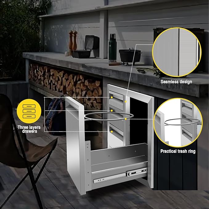 Outdoor Kitchen Drawer Combo, Stainless Steel Triple Drawers & 2 Trash Can Drawers, Enclosed Built-in Drawer Flush Mount For Outdoor Kitchens & BBQ Islands,G1