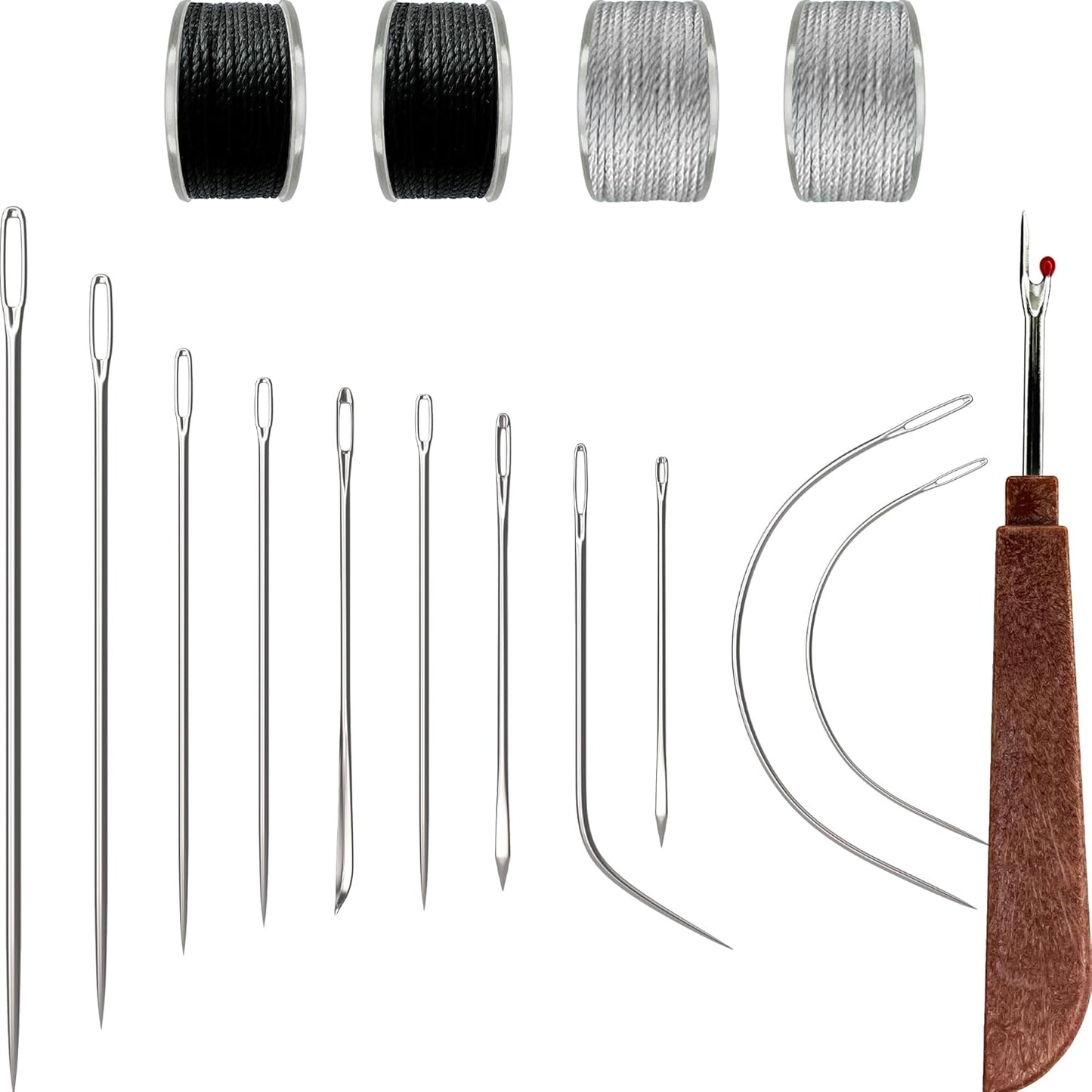 VONEEDL Heavy Duty Sewing Needles (11 PCS) & Waxed Thread (2 Black and 2 Grey Colors) - Upholstery Repair Kit for Leather, Canvas, Quilting & More