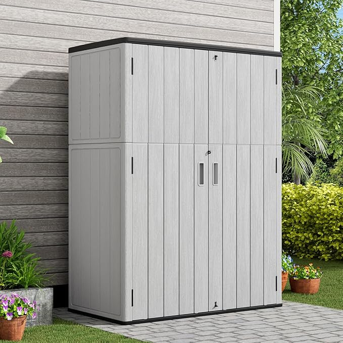 KINYING Outdoor Vertical Storage Shed,57 Cu.ft Outdoor Storage Cabinet Waterproof,Resin Sheds & Outdoor Storage Clearance for Garden,Patio,Backyard,Lockable (Grey)