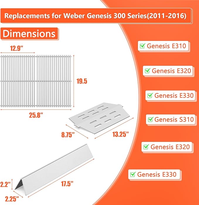 Stainless Steel 7524 Grill Grates & 7621 Flavorizer Bars, 65505 Heat Deflectors for Weber Genesis 300 Series with Front Control Knob, Replacement for Genesis E310 S310 E/S320 E/S330 Gas Grills