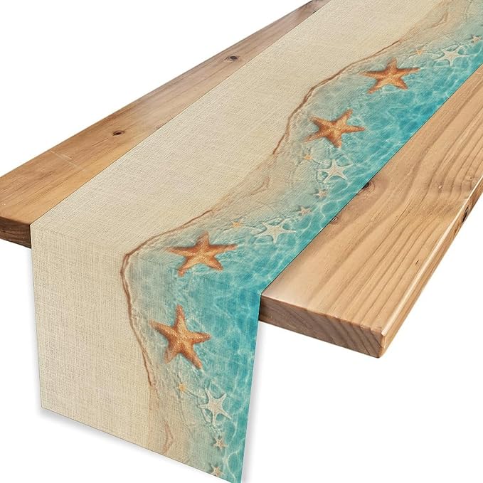 Summer Ocean Starfish Table Runner, Tropical Coastal Blue Sandy Clear Sea Water Waves Coffee Table Center Deco, for Family Kitchen and Living Room Farmhouse Party Table Decorations, 13" X 72"