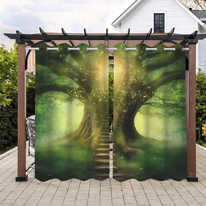 Fantasy Theme Waterproof Indoor/Outdoor Curtains,Forest Pattern,Privacy Weatherproof Grommet Outside Curtains for Porch, Pergola, Cabana,2 Panel,W54 x L96,Green