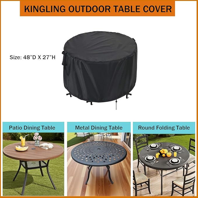 Kingling Patio Furniture Covers Waterproof, Round Patio Table Cover 48 inch Heavy Duty Outdoor Table Cover for Dining & Coffee Table Chair Set, Small Firepit Table All Weather Resistant-48''D x27''H