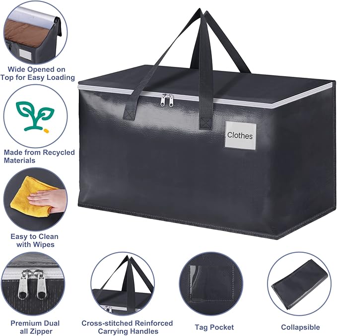 StorageRight Heavy Duty Moving Boxes-Moving Bags with Zipper, Reinforced Handles and Tag Pocket-Collapsible Moving Supplies-Totes for Storage Great for moving, Storage and Travel 93L(Gray-10 Pack)