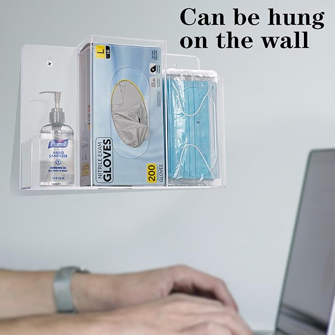 Acrylic Hygiene Dispenser Station with 3 Compartments - Triple Sanitation Station Holder Dispenser for Face Masks, Gloves Box, Hand Sanitizer, Hairnets, Tissues- Wall Mount or Tabletop