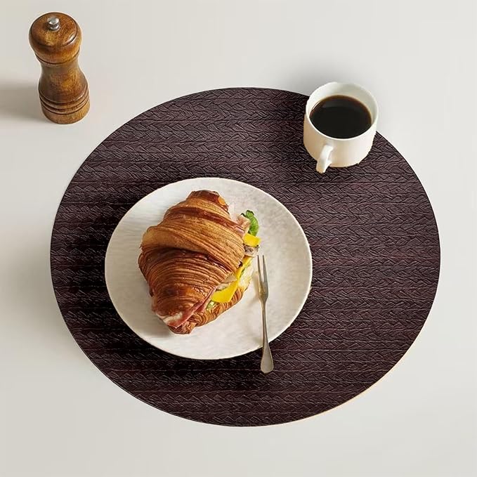 PIGCHCY Round 15" Water-Resistant Placemats Set of 6, Premium Faux Leather Placemats PVC Easy Clean Table Mats for Hotels Outdoor Dining, Wedding Decor (Brown)