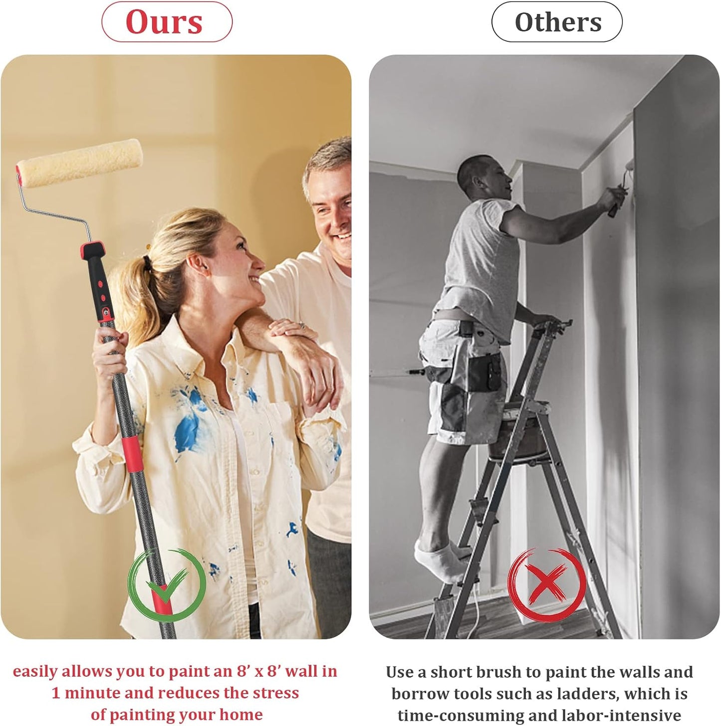 Paint Roller Extension Pole,96inch Brush kit Multi-Function Paint Roller kit Cleaner with House Paint Rollers Brush Stainless Steel Pole,Mural Brush for Walls and Ceiling Paint Roller no drip Grey