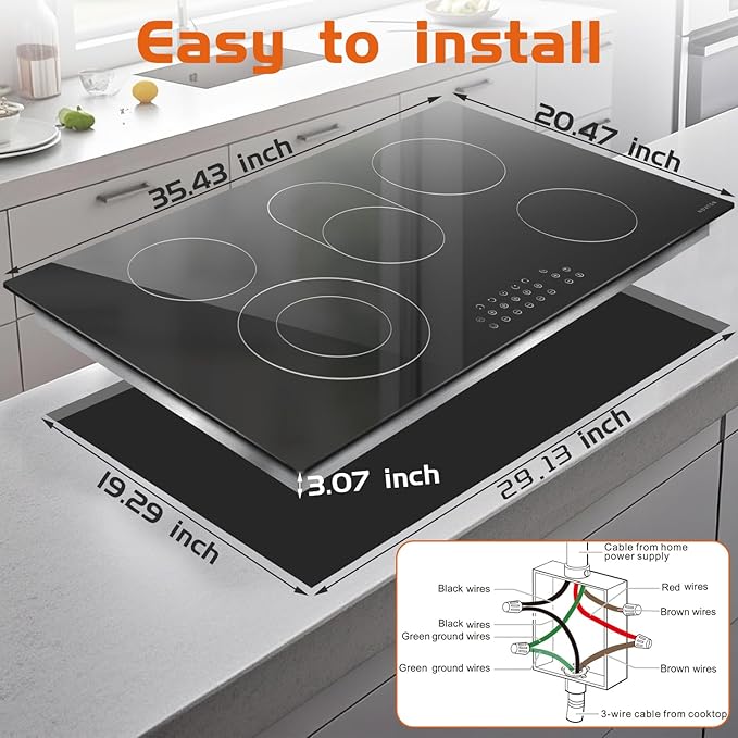 Noxton 36 Inch Electric Cooktop 5 Burner Electric Stove Top, Built-in Radiant Ceramic Cooktop with Extended Zone, Sensor Touch Control, Child Safety Lock, Timer, Pause, 8400W 240V Hard Wire