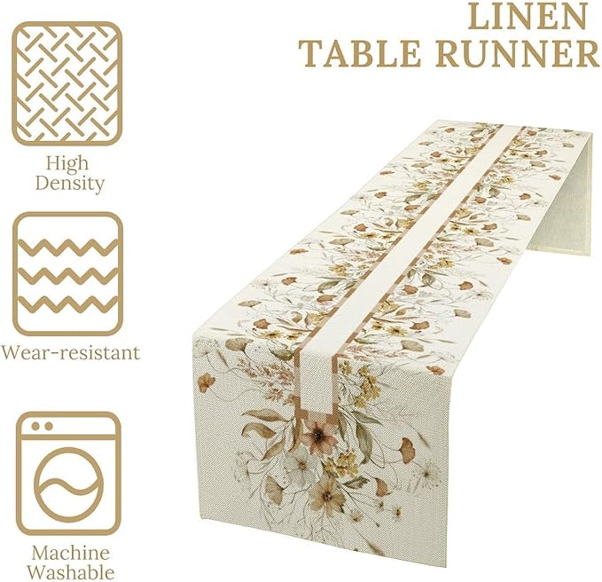 Autumn Wildflower Table Runner, Fall Yellow Flowers Leaves Thanksgiving Table Runner for Holiday Indoor Outdoor Home Party, 13x36inch