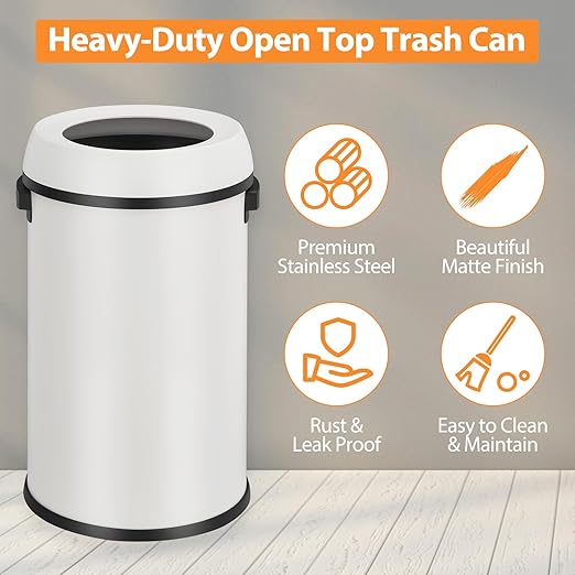 GarveeHome 17 gal/65 L Open Top Trash Can, Stainless Steel Rubbish Bin, Commercial Grade Waste Container, Round Garbage Can for Outdoor, Home Office, Restaurant, White