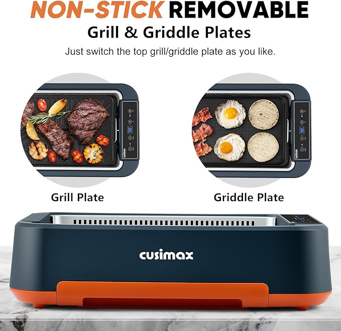 Electric Grill, CUSIMAX Smokeless Indoor Grill & Griddle, Electric Korean BBQ Grill with Turbo Smoke Extractor & REPLACEABLE Filter Sponge, Smart LED Display, Larger Grilling Area, 1500W(New Model)