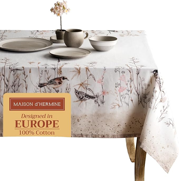 Maison d' Hermine Table Cloth Rectangle Table 100% Cotton 60 x 108 Inches Tablecloth Reusable for Dining Room, Farmhouse, Home, Party, Festive & Wedding Spring Summer - Meadow Florals - Brown