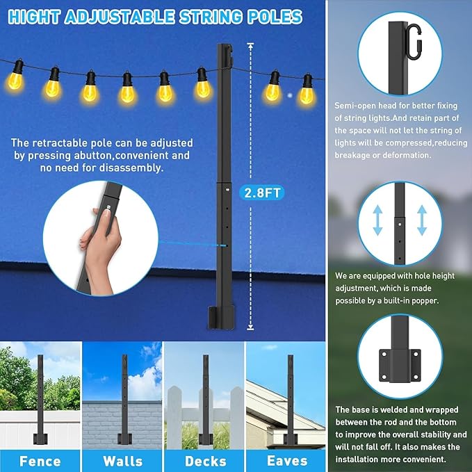 6 Pack String Light Poles,2.8Ft Metal Poles for Outdoor String Lights,Outdoor Light Poles with Post,Poles/Stand for Outside,Patio,Deck,Backyard,Garden Wedding,Party