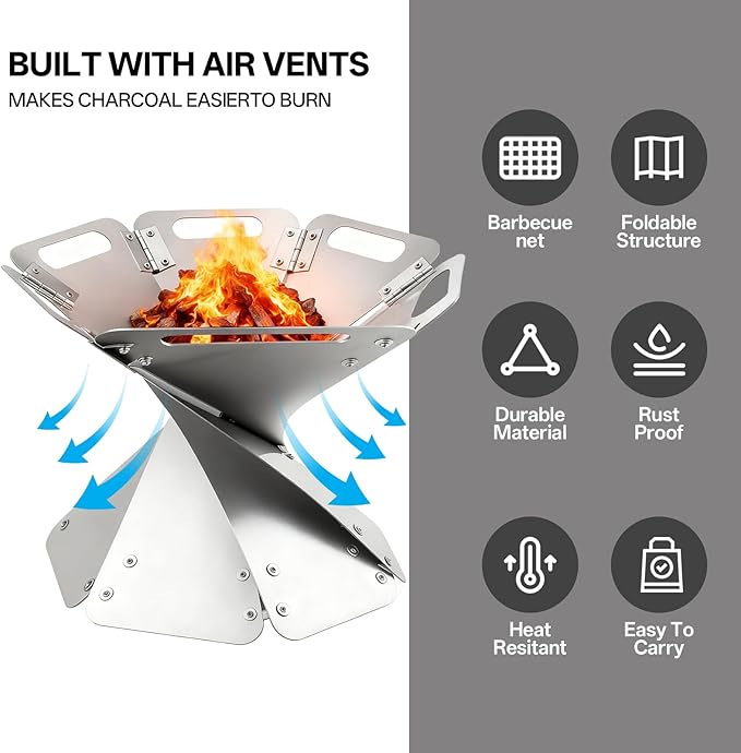 Portable Fire Pit - Foldable Stainless Steel Camping Fire Bowl & Grill - Compact Bonfire Pit for Backyard, Patio, Garden Parties & Camping Trips, 12.6 Inch