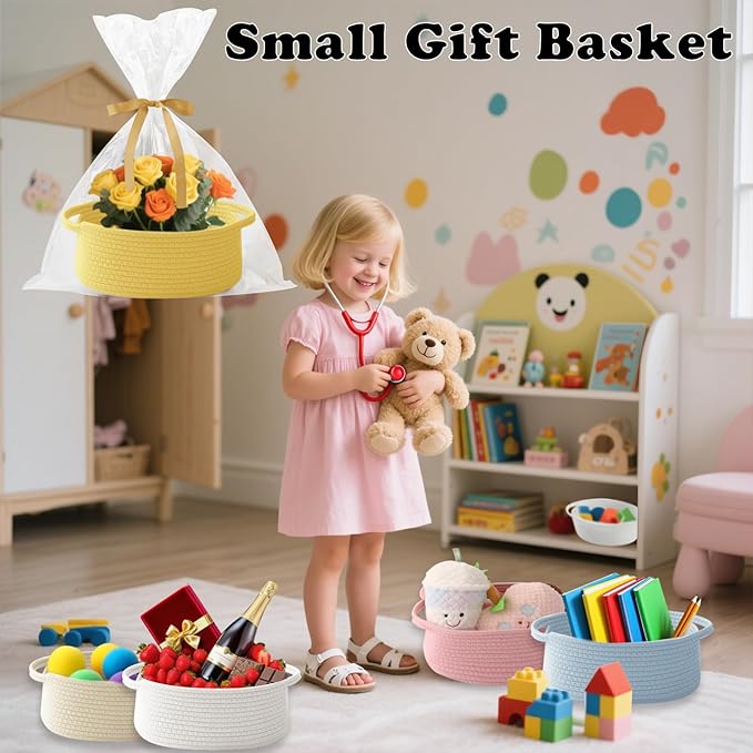 Gift Basket with Gift Bag and Ribbons,Small Rope Woven Shelf Storage,Baskets for Gifts Empty,Birthday,Baby Shower,Decorative Organizer Box with Handles(Yellow)