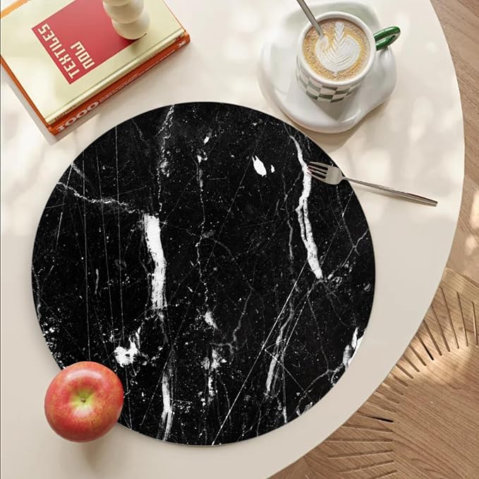 Heat Resistant Placemats Set of 4,Black Marble Round Ding Table Placemat Easy to Clean Waterproof Non-Slip Place Mats Tabletop Protection Kitchen Decoration,13inch