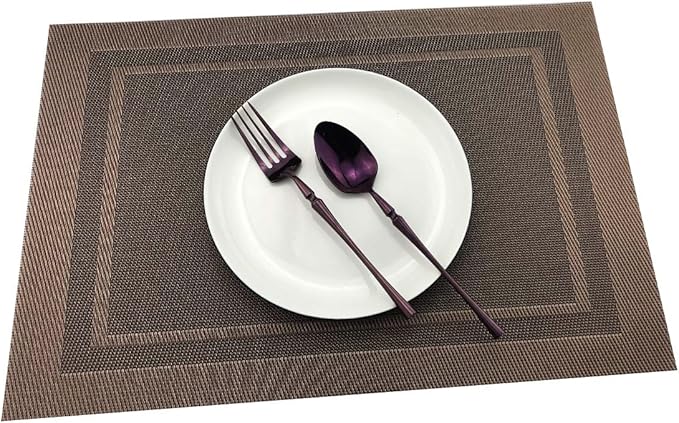 Gugrida Placemats Set of 6 Plaid Checkered Brown PVC Placemat for Dining Table Durable Woven Vinyl Stain tablemats 18"X12"