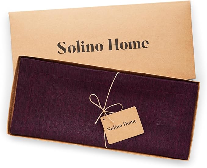 Solino Home Linen Small Table Runner 48 Inches - Athena, 100% Pure Linen Chambray Burgundy Table Runner 14 x 48 Inch Ideal for Dresser and Coffee Tables - Winter, Valentines