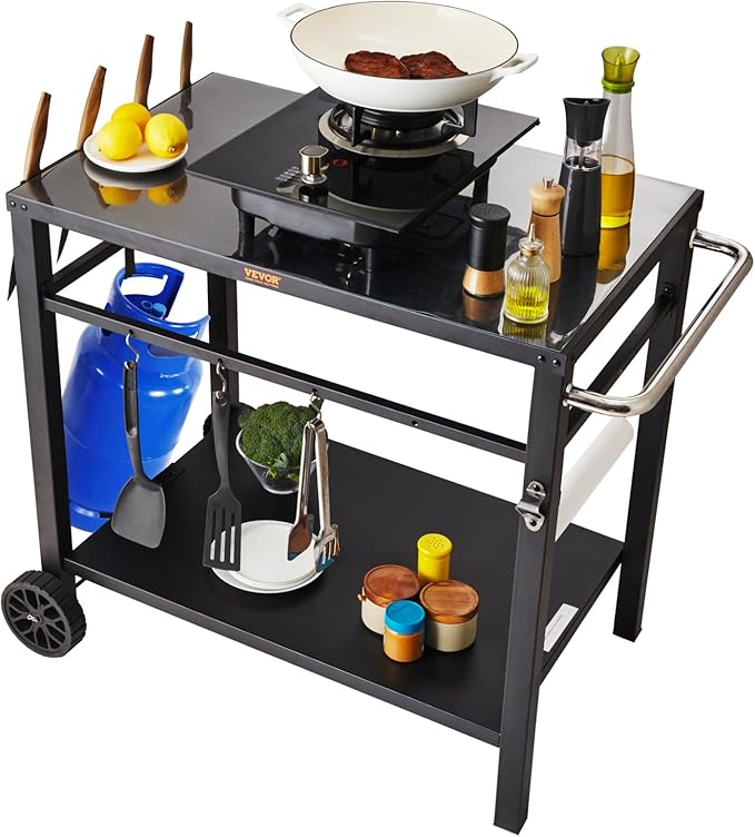 VEVOR Outdoor Grill Cart with Double-Shelf, BBQ Movable Food Prep Table with PVC Placemat, Black Iron Table Top, Portable Modular Carts for Pizza Oven, Worktable with 2 Wheels, Carry Handle