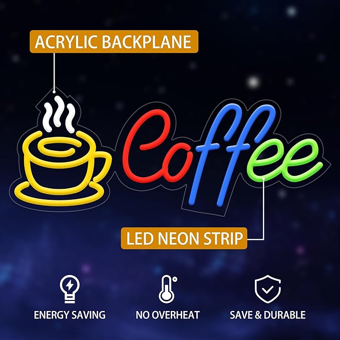 Coffee Neon Signs for Wall Decor, Neon Lights for Coffee Shop Led Business Signs Suitable for Kitchen Bar Pub Restaurant Christmas Gift, 16.8 * 6.8In