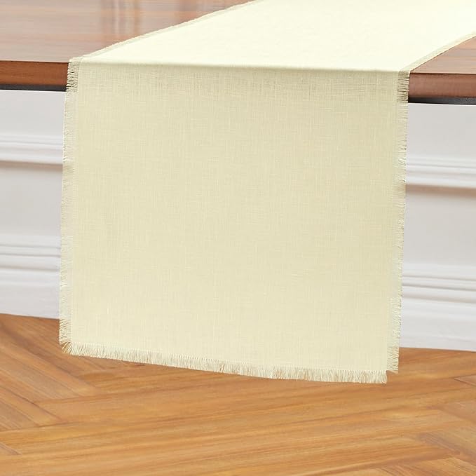 Solino Home Fringe Linen Table Runner 48 Inches - 100% Pure Linen Creamy Ivory Table Runner 14 x 48 Inch Ideal for Dresser and Coffee Tables - Spring, Easter