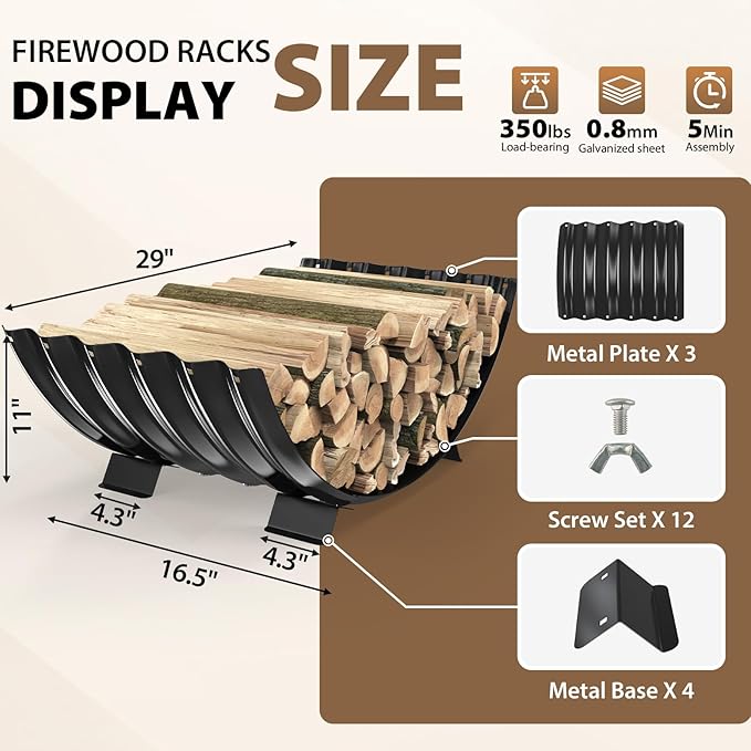 32 inch Diameter Sector Firewood Rack Storage -0.8MM Thick Galvanized Steel with Wave Pattern & 4 Stable Feet, Black Coated for Indoor/Outdoor Wood Storage (2.7FT Diameter)