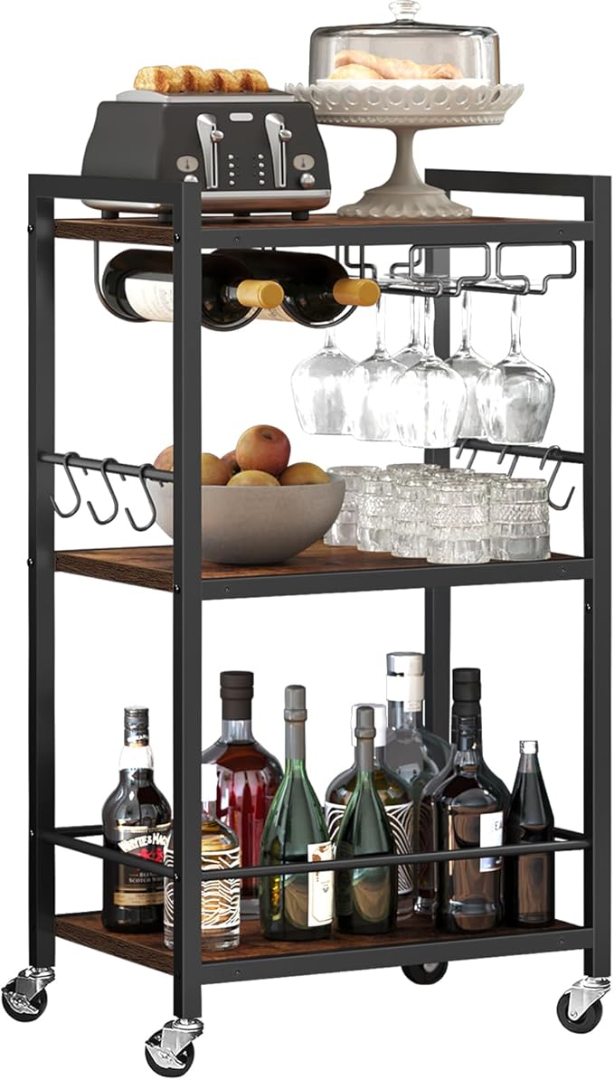 TUTOTAK Bar Cart, Home Bar Serving Cart, Microwave Cart, Drink Cart, Mobile Kitchen Shelf with Wine Rack and Glass Holder, Rolling Beverage Cart for Living Room, Kitchen, Brown BC01BB032