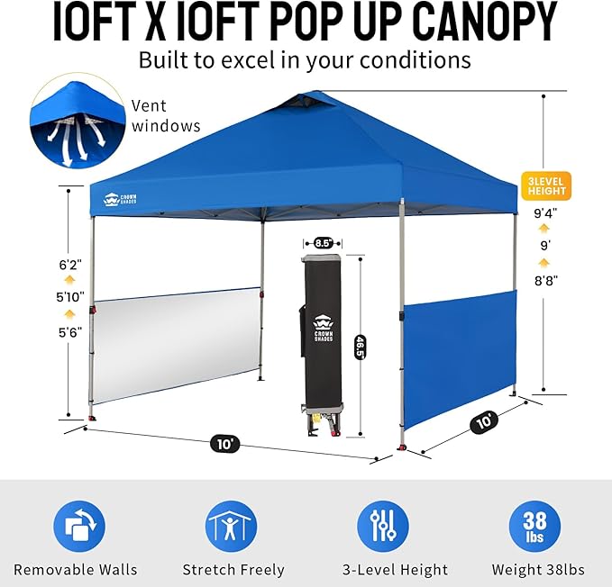 CROWN SHADES Canopy Tent, 10 x 10 Foot Portable Pop Up Outdoor Shelter with 2 Half Sidewalls, 1 Push Center Lock, UV Protection, and Carry Bag, Blue