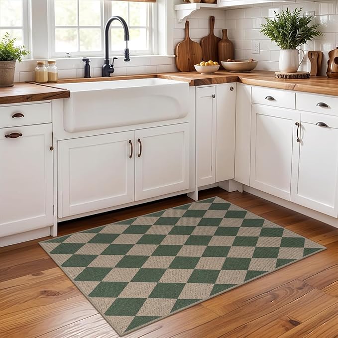 Easy Jute Checkered Entryway Rug, 2x3 Green Modern Indoor Outdoor Doormat, Washable Non-Slip Neutral Small Kitchen Rug Farmhouse Diamond Throw Rugs for Entrance Bedroom Bathroom
