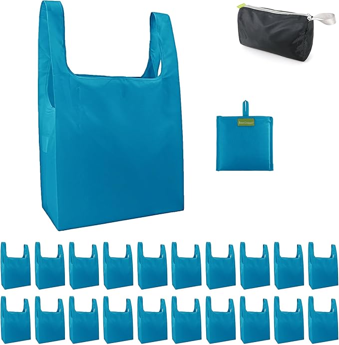 BeeGreen Light Blue Reusable Shopping Bags Wholesale Blue Reusable Grocery Bags Bulk Foldable-Machine Washable with Zipper Storage Pouch 20 Pieces