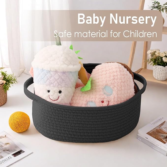 Woven Basket,Small Rope Storage Bin with Handles & Ribbon Bag, Organizer for Shelves Closets,Gift Basket Empty for Birthday,Books,Dog Toys, Black/3 Pack