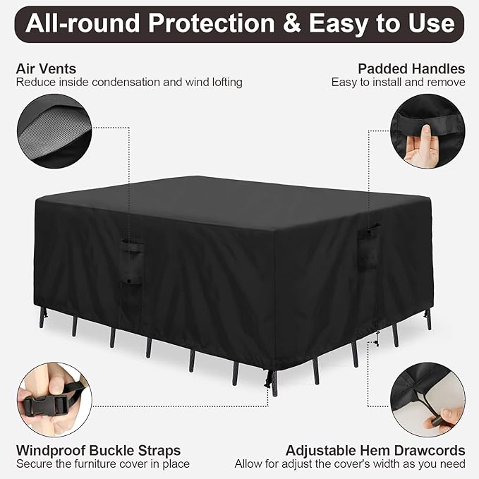 PureFit Patio Furniture Covers, Outdoor Table Furniture Cover Waterproof Rectangle, Patio Sectional Couch Set Cover for Deck, Lawn and Backyard, UV Resistant, 110"L x 84"W x 28"H, Black