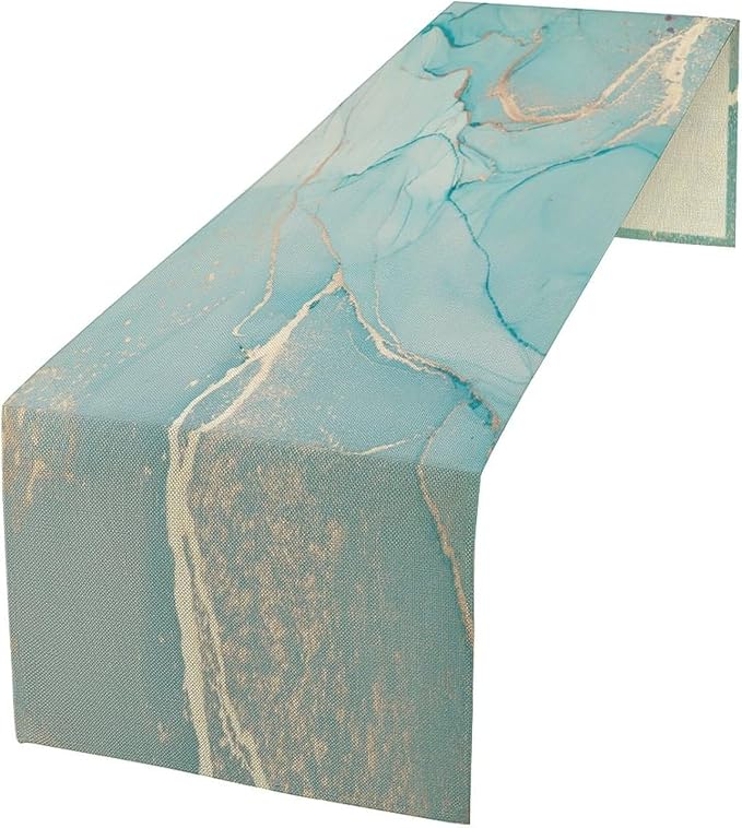 Turquoise Aqua Marble Table Runner, Modern Teal Watercolor Print Table Runner for Coffee Dining Party Wedding Kitchen 13x120in