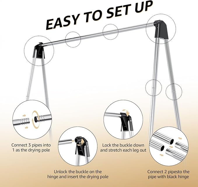 Clothes Drying Rack, Foldable Drying Rack Clothing, Stainless Steel Laundry Rack, Free-Standing, Indoor Outdoor Use with Travel Friendly Design, Collapsible for Home, Camping, Theater, RV Use, Black