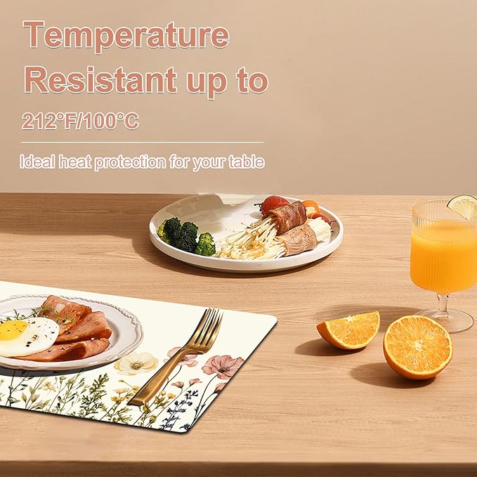 Flower Placemats Set of 4 - Spring Floral Faux Leather Heat Resistant Placemats for Dinner Table, Non-Slip Waterproof Oil-Proof Washable Reusable Placemat for Indoor Outdoor Kitchen, 15.75In*11.81In