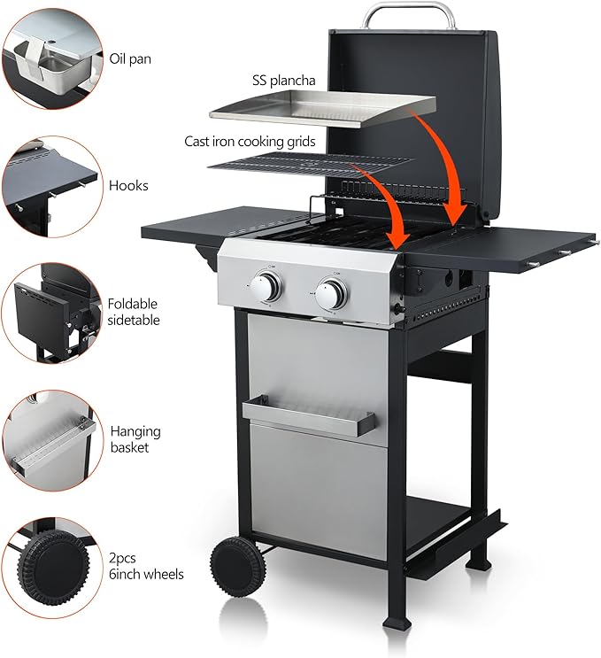 2-Burner Gas Grill, 24600 BTU Portable BBQ with Foldable Side Table & 6" Wheels, Dual-Function Cooking with Baking Rack & Flat Griddle for Outdoor, Patio, Camping & Tailgating