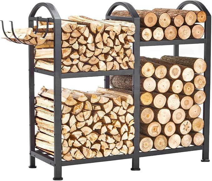 Firewood Rack Indoor With Hooks, 31inch Firewood Rack, log holders for firewood outdoor, Fireplace Wood holder Indoor, Adjustable Small Fire Wood Storage