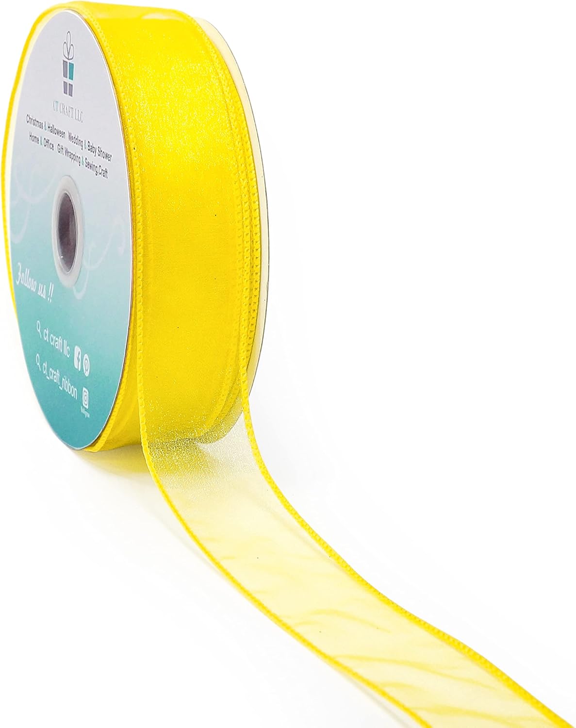 CT CRAFT LLC Sheer Organza Wired Ribbon 1.5" x 50Yards Yellow for Wedding Chair Bow Flora Bouquet Gift Wrapping Christmas Tree Home Decor Wreath