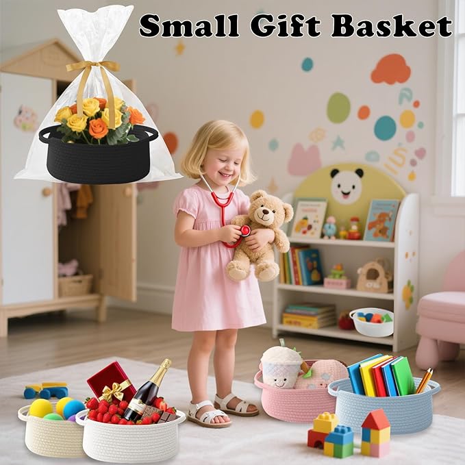Gift Basket with Gift Bag and Ribbons,Small Rope Woven Shelf Storage,Baskets for Gifts Empty,Birthday,Baby Shower,Decorative Organizer Box with Handles(Black)