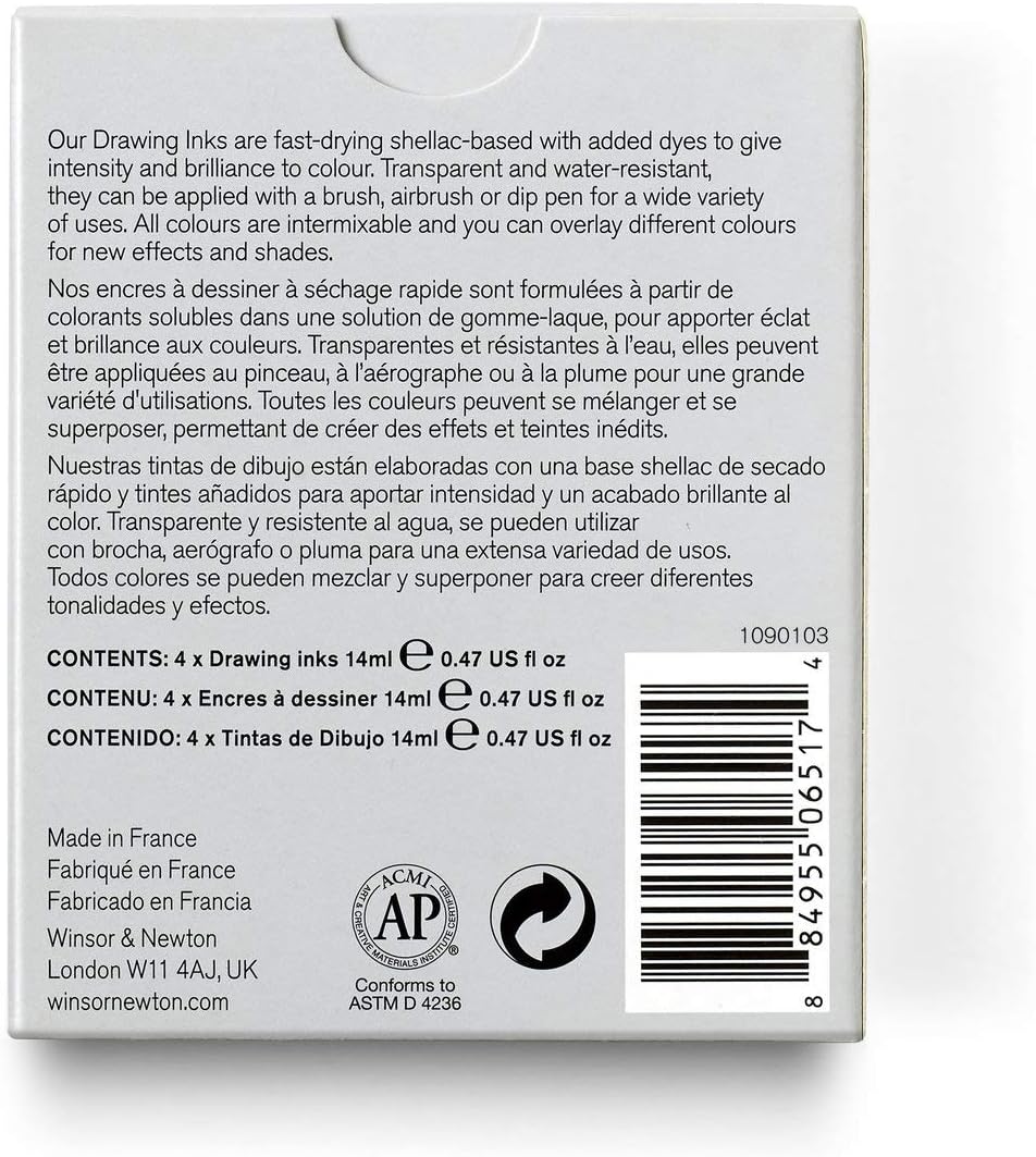 Winsor & Newton Collection Drawing Ink Set, Set of 4, Black, White, Metallic Tones