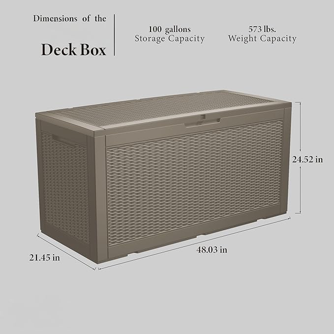 100 Gallon Deck Box, Resin Outdoor Indoor Waterproof Storage Box, Lockable Storage Box With Handle for Patio Furniture - Garden Tools - Swimming Pool Tools UV-Resistant, Grey
